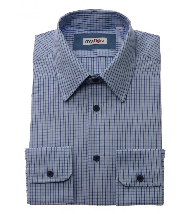 Camisa em Algodão Micro Xadrez Azul Slim Fit